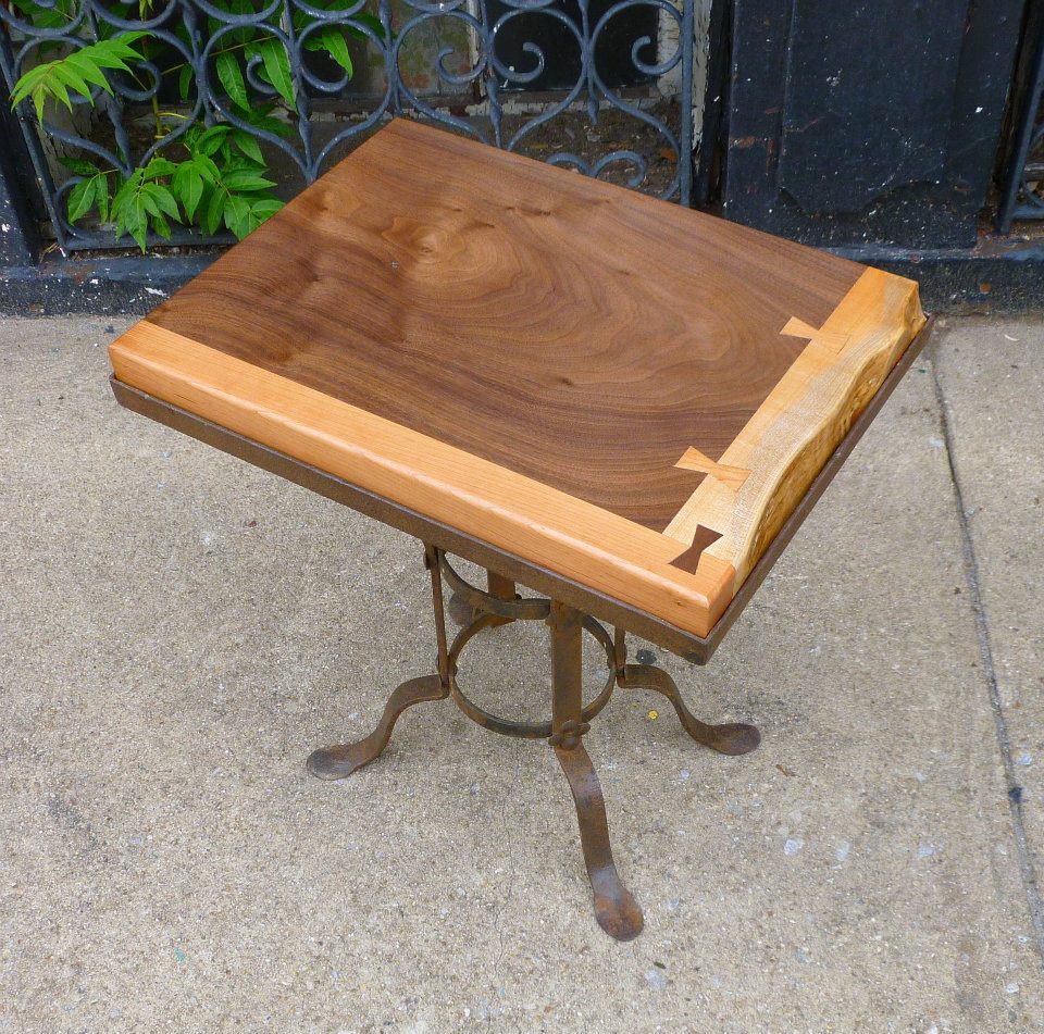 Walnut, Cherry, Maple Table with 1920's Wrought Iron Base