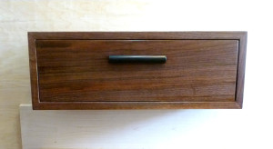 Walnut and Maple Ebony Floating Wall Shelf with Drawer - Art Deco Mid Century Modern Style