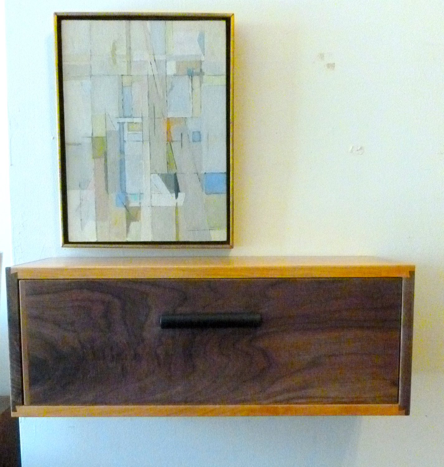 Walnut and Cherry Floating Wall Shelf with Drawer Night Stand Console