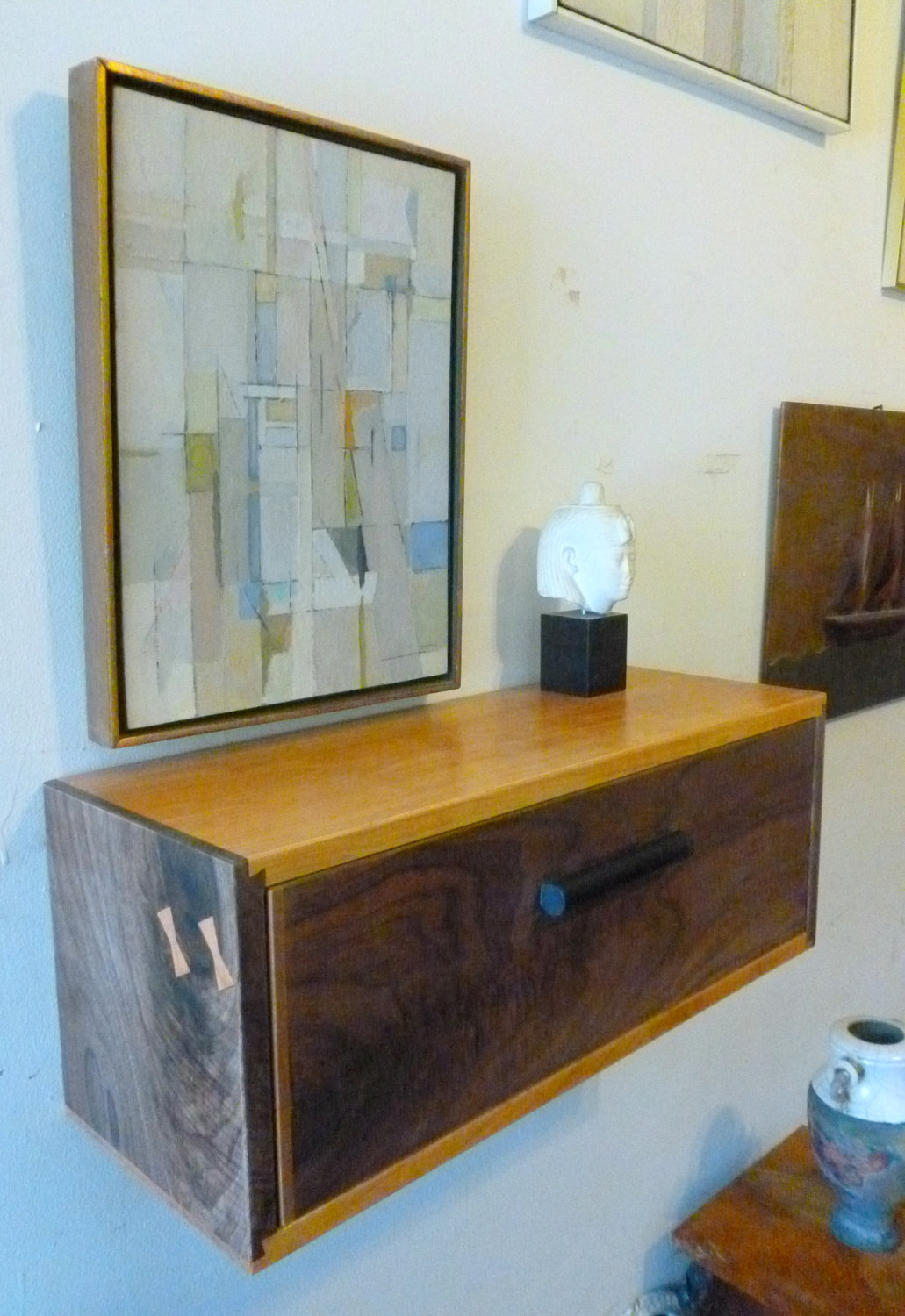 Walnut and Cherry Floating Wall Shelf with Drawer Night Stand Console