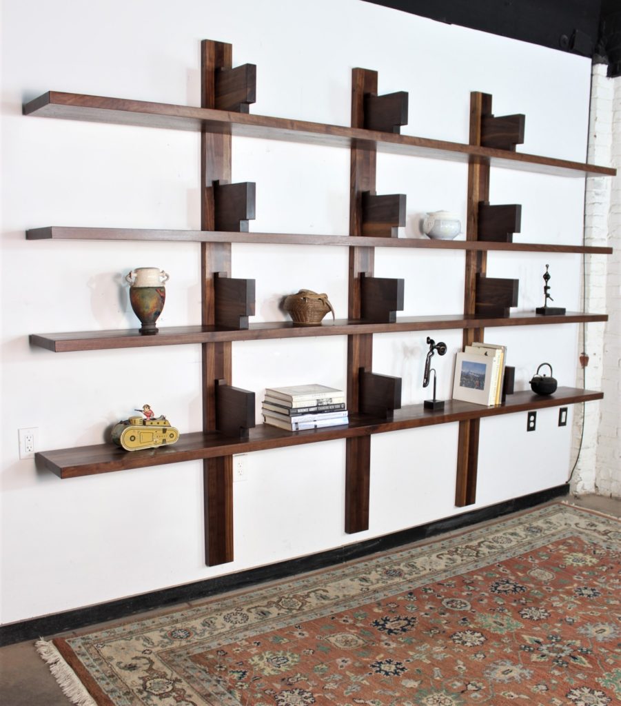 Walnut 11 feet wide wall mounted bookcase