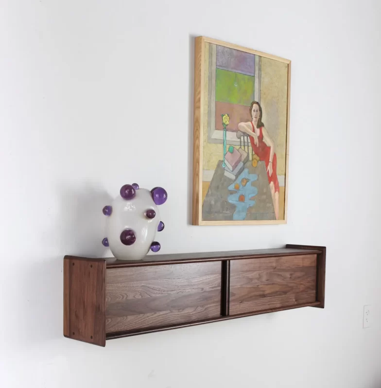 Custom floating entry media console mid century organic modern style in walnut